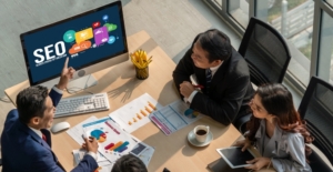 SEO search engine optimization for modish social media and online retail business showing on computer screen